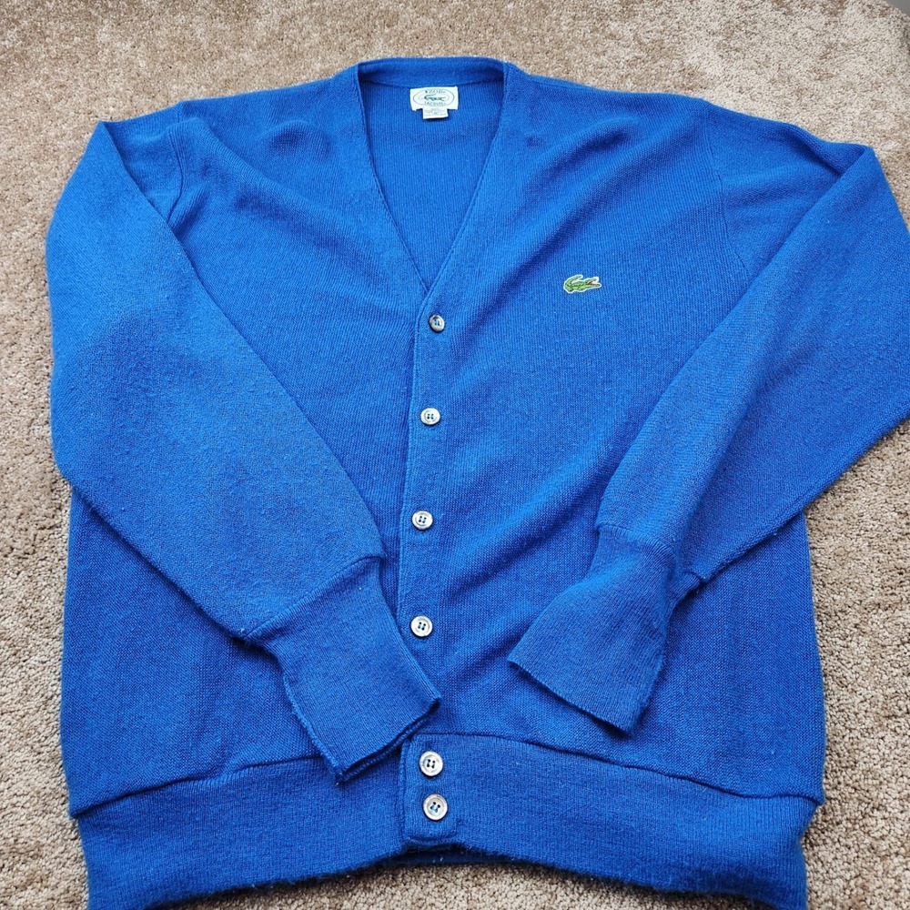 Vintage Izod Lacoste Blue Cardigan Sweater Mens Medium Orlon Acrylic USA Made